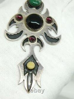 Gothic Tribal Medieval Sterling Silver Bohem. Garnet Malachite Pendant HAND MADE