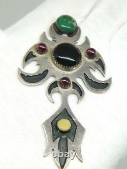 Gothic Tribal Medieval Sterling Silver Bohem. Garnet Malachite Pendant HAND MADE