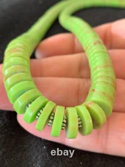 Green Gaspeite Stabilized Navajo Sterling Silver Beads Necklace 21 4243