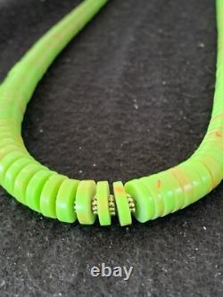 Green Gaspeite Stabilized Navajo Sterling Silver Beads Necklace 21 4243