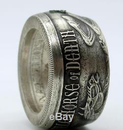 Can be Engraved Grim Reaper Pale horse of death coin ring made from Pure silver coin 