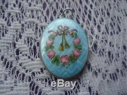Guilloche Sterling Silver Enamel Pink Roses with Bow Wreath Locket made in Germany