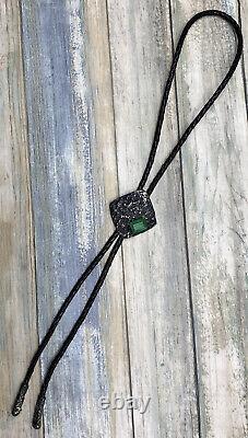 H Fred Skaggs Sterling Silver Bolo Tie With Green Emerald Hand Made Mid Century