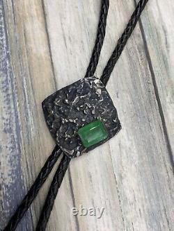 H Fred Skaggs Sterling Silver Bolo Tie With Green Emerald Hand Made Mid Century