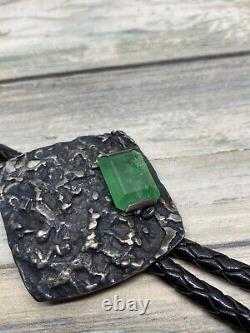 H Fred Skaggs Sterling Silver Bolo Tie With Green Emerald Hand Made Mid Century