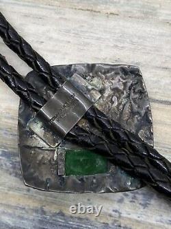 H Fred Skaggs Sterling Silver Bolo Tie With Green Emerald Hand Made Mid Century