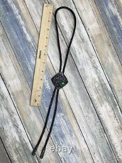 H Fred Skaggs Sterling Silver Bolo Tie With Green Emerald Hand Made Mid Century