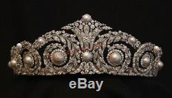 HAND-MADE ANTIQUE ROSE CUT DIAMOND 12.10ct SILVER PEARL ENGAGEMENT TIARA CROWN