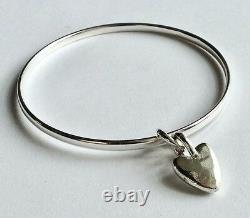 HAND MADE STERLING SOLID SILVER LOVE HEART BANGLE 2mm round wire LONDON HALLMARK