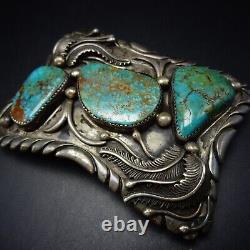 HANDSOME Vintage HAND MADE Sterling Silver TURQUOISE BELT BUCKLE Applied Leaves