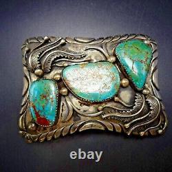 HANDSOME Vintage HAND MADE Sterling Silver TURQUOISE BELT BUCKLE Applied Leaves