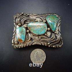 HANDSOME Vintage HAND MADE Sterling Silver TURQUOISE BELT BUCKLE Applied Leaves