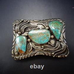 HANDSOME Vintage HAND MADE Sterling Silver TURQUOISE BELT BUCKLE Applied Leaves