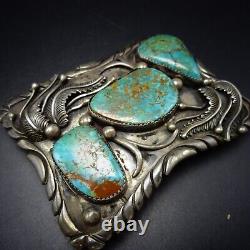 HANDSOME Vintage HAND MADE Sterling Silver TURQUOISE BELT BUCKLE Applied Leaves