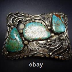 HANDSOME Vintage HAND MADE Sterling Silver TURQUOISE BELT BUCKLE Applied Leaves