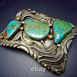 HANDSOME Vintage HAND MADE Sterling Silver TURQUOISE BELT BUCKLE Applied Leaves