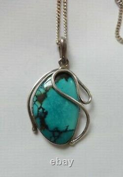 Hand Made Artisan Sterling Silver Turquoise Pendant and Heavy Curb Chain