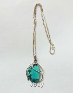 Hand Made Artisan Sterling Silver Turquoise Pendant and Heavy Curb Chain