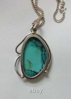 Hand Made Artisan Sterling Silver Turquoise Pendant and Heavy Curb Chain