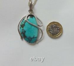 Hand Made Artisan Sterling Silver Turquoise Pendant and Heavy Curb Chain