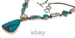 Hand Made Artisans Sterling Silver Turquoise Pearl Necklace 18 inches Long