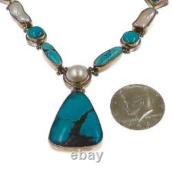Hand Made Artisans Sterling Silver Turquoise Pearl Necklace 18 inches Long