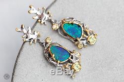 Hand-Made Australian Doublet Opal Drop Earrings Coral Design 925 Sterling Silver