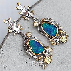 Hand-Made Australian Doublet Opal Drop Earrings Coral Design 925 Sterling Silver