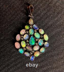 Hand Made Blk Rhodium Over Sterling Pendant, Natural Opal And Diamond Gems, 925