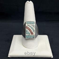 Hand Made Crushed Turquoise Red Gemstone Inlay Sterling Silver Ring Size 10