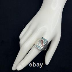 Hand Made Crushed Turquoise Red Gemstone Inlay Sterling Silver Ring Size 10