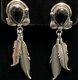 Hand Made Estate Sterling Silver Native & Onyx Feather Dangle Earrings 2.5 Long
