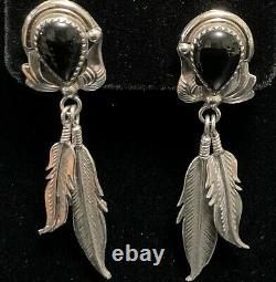 Hand Made Estate Sterling Silver Native & Onyx Feather Dangle Earrings 2.5 Long