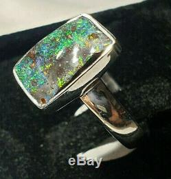 Hand Made Fine Silver Boulder Opal gem Ring Size 8 lot4