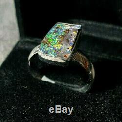 Hand Made Fine Silver Boulder Opal gem Ring Size 8 lot4