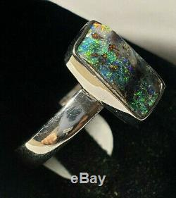 Hand Made Fine Silver Boulder Opal gem Ring Size 8 lot4