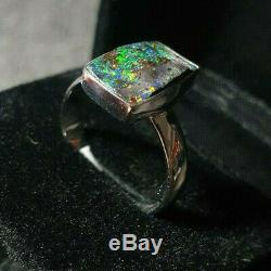 Hand Made Fine Silver Boulder Opal gem Ring Size 8 lot4