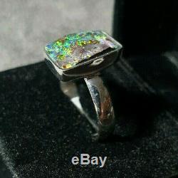 Hand Made Fine Silver Boulder Opal gem Ring Size 8 lot4