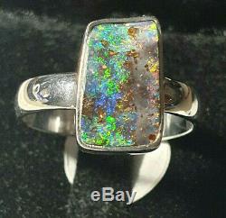 Hand Made Fine Silver Boulder Opal gem Ring Size 8 lot4