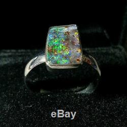 Hand Made Fine Silver Boulder Opal gem Ring Size 8 lot4