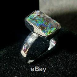 Hand Made Fine Silver Boulder Opal gem Ring Size 8 lot4