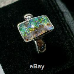 Hand Made Fine Silver Boulder Opal gem Ring Size 8 lot4