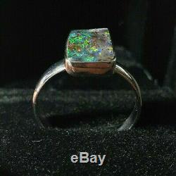 Hand Made Fine Silver Boulder Opal gem Ring Size 8 lot4