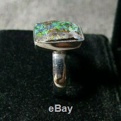 Hand Made Fine Silver Boulder Opal gem Ring Size 8 lot4