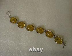 Hand Made Signed 925 EU BRACELET Oval HONEY AMBER Cabs Sterling Silver Toggle 7