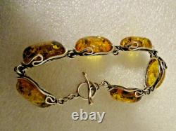 Hand Made Signed 925 EU BRACELET Oval HONEY AMBER Cabs Sterling Silver Toggle 7