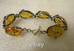 Hand Made Signed 925 EU BRACELET Oval HONEY AMBER Cabs Sterling Silver Toggle 7