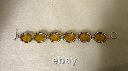 Hand Made Signed 925 EU BRACELET Oval HONEY AMBER Cabs Sterling Silver Toggle 7