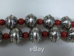 Hand Made Stamped STERLING Silver NAVAJO PEARLS Bamboo CORAL 17-21 Necklace