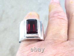 Hand Made Sterling Silver 8 Carat Emerald Cut Garnet Ring Men's Sz 10.5